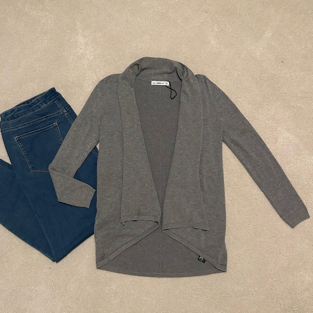 Zara Knit Open Front Waterfall Cardigan Gray Neutral Basic Minimalist Sweater